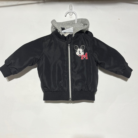 H&M Black Mickey Mouse Bomber Jacket With Jersey Hood Size 4-6 Months - Picture 2 of 7